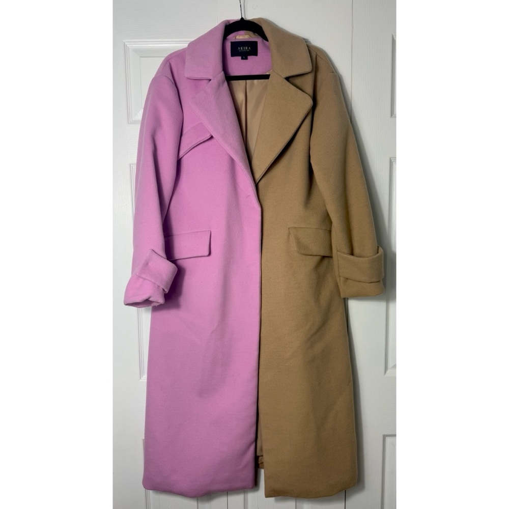 AKIRA Sherbert Colorblock Pink Tan Longline Trench Coat Jacket Size L
